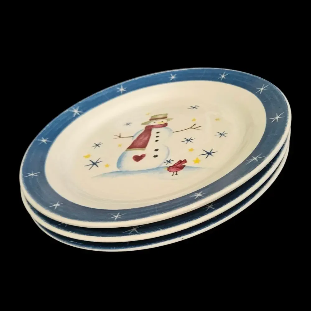 Snowman Winter Holiday Salad Plates Blue Rim Made in China Set of 3